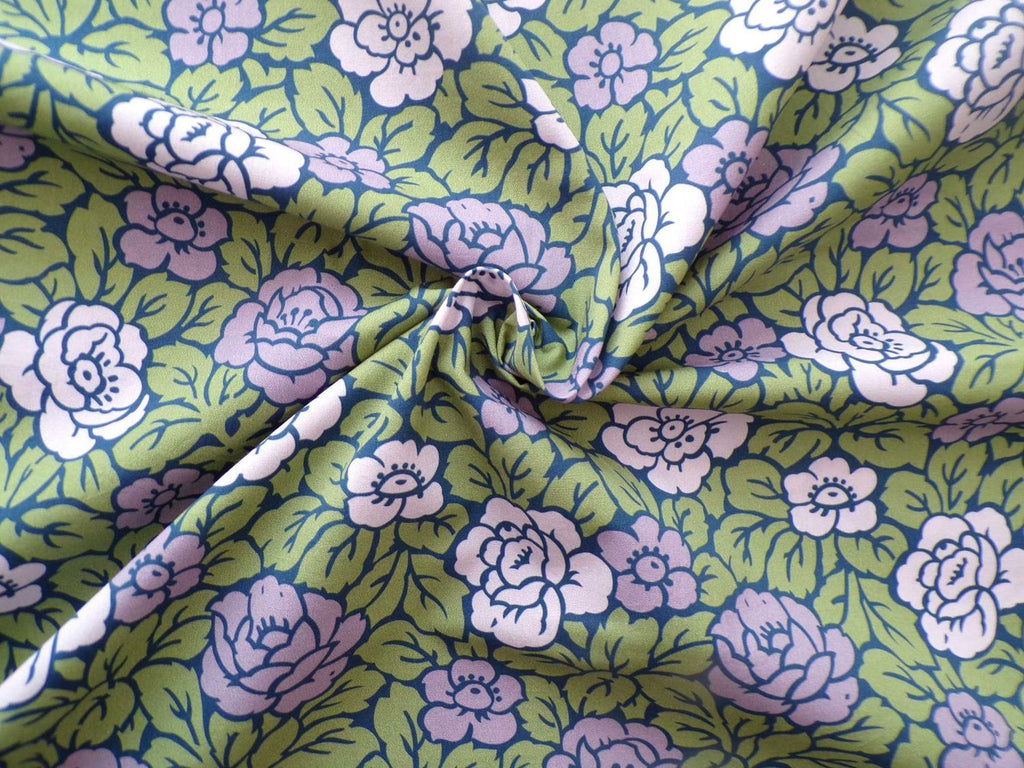 Popeline, Meterware, Baumwollstoff, Bio, Rosen, violett/grün, zweifarbige Blüten, GOTS, Futterstoff, Webware, Trachten, Bluse Hemd Sommerkleid, Patchworkstoff