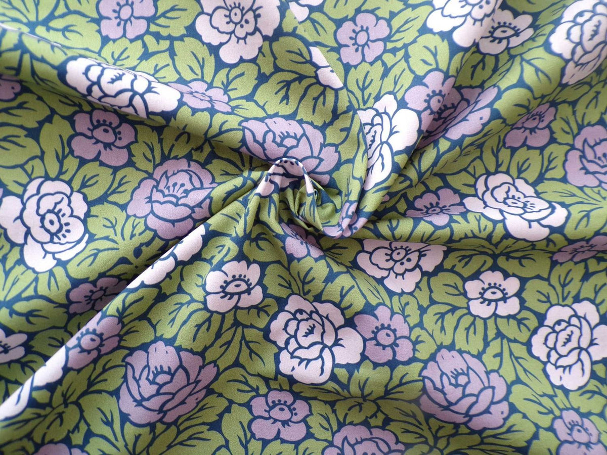 Popeline, Meterware, Baumwollstoff, Bio, Rosen, violett/grün, zweifarbige Blüten, GOTS, Futterstoff, Webware, Trachten, Bluse Hemd Sommerkleid, Patchworkstoff