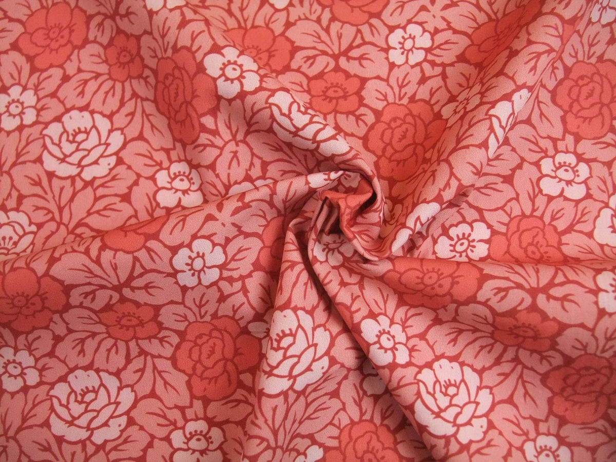 Popeline, Meterware,  Baumwollstoff, Rosenmuster, lachsfarbig, rosa-dunkelrot, zweifarbige Blüten, GOTS, bio, Futterstoff, Webware, Blusen- und Hemdenstoff, Trachten, Patchwork
