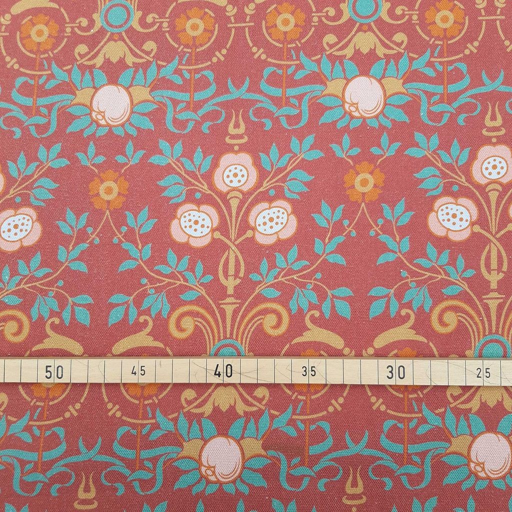 Half-width calico, by the metre, cotton fabric, "Bauerngarten" motif, "Granatapfel" (maroon) colourway, small pattern size, Wilhelminian/Victorian pattern, dirndl, traditional costumes, cushions, bag project