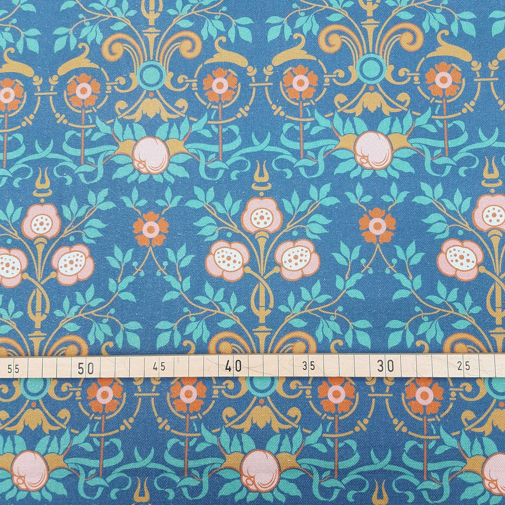 Half Panama, by the metre, cotton fabric, "Bauerngarten" design, "Sommernacht" colourway (dark blue), small pattern repeat, Wilhelminian/Victorian pattern