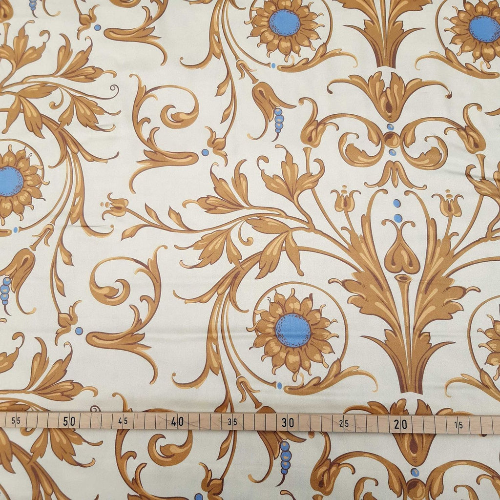 Mako-Satin, Meterware, Baumwolle,  Muster "Feldblume" in der Farbstellung "Heublume", Vanillegelb/Goldbraun, glänzender Baumwollsatin, Ranken, blau, creme, Bettwäsche, Kleider
