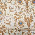 Mako-Satin, Meterware, Baumwolle,  Muster "Feldblume" in der Farbstellung "Heublume", Vanillegelb/Goldbraun, glänzender Baumwollsatin, Ranken, blau, creme, Bettwäsche, Kleider