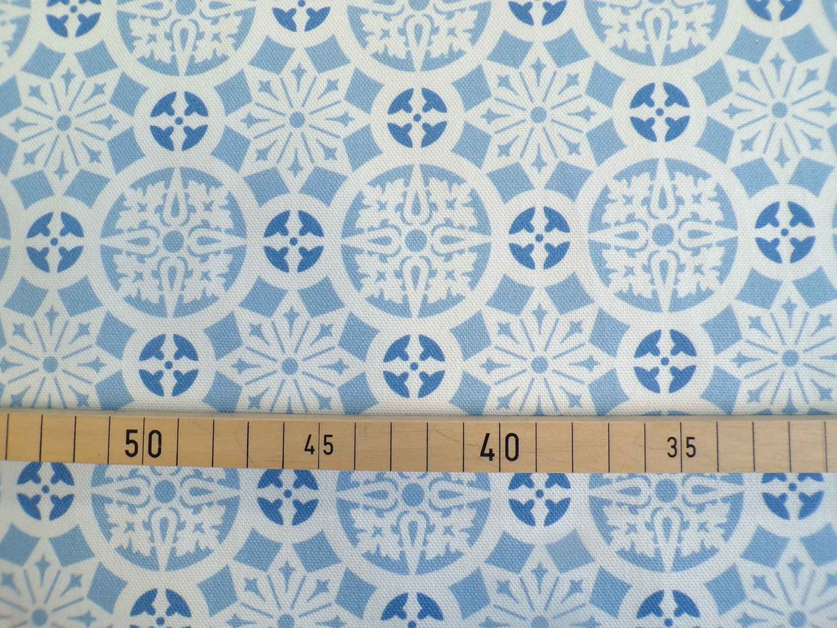 Halbpanama, Baumwolle, Meterware, "Schnee 2", weiß/Hellblau/blau, geometrisch, Kreise, Sterne, für Taschenprojekte, Kissen, Hosen, Tischdecken