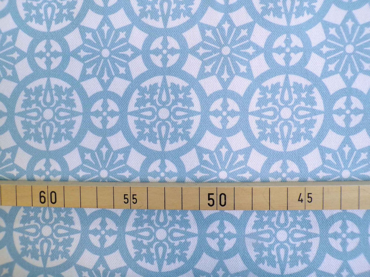 Halbpanama, Baumwolle, Meterware, "Schnee 1", Jeansblau/weiß, geometrisch, Kreise, Stern, für Taschenprojekte, Kissen, Tischdecke, Hosen