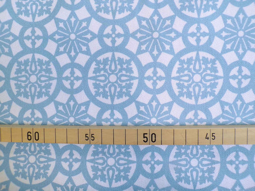 Halbpanama, Baumwolle, Meterware, "Schnee 1", Jeansblau/weiß, geometrisch, Kreise, Stern, für Taschenprojekte, Kissen, Tischdecke, Hosen