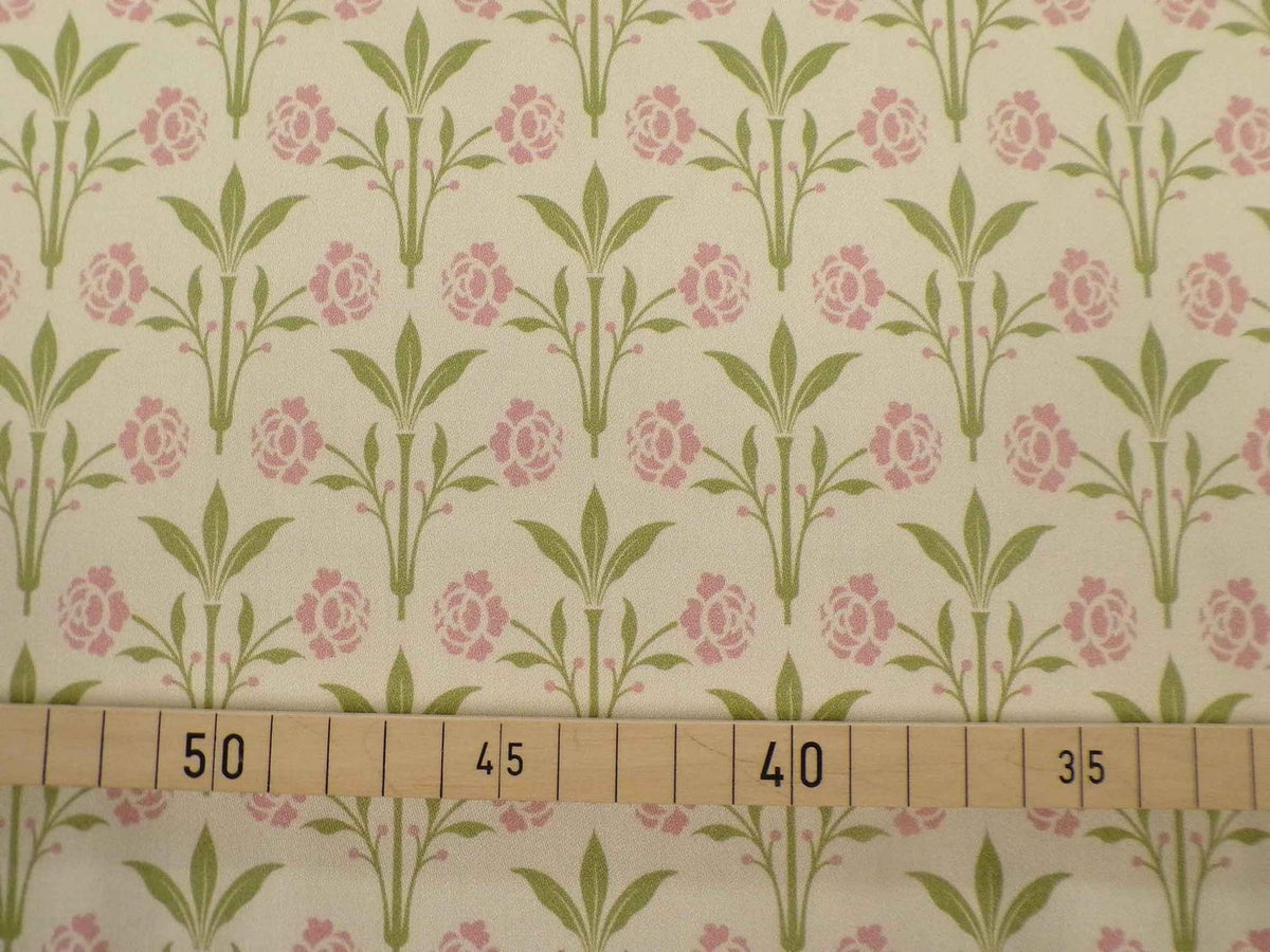 Makosatin, Meterware, Baumwollstoff, Motiv "Erker", "Frühlingszauber" (vanillegelb), Blumenmuster grün/altrosa, Viktorianisch, Gründerzeit, glänzend Baumwollsatin, Trachten, Dirndl Bettwäsche