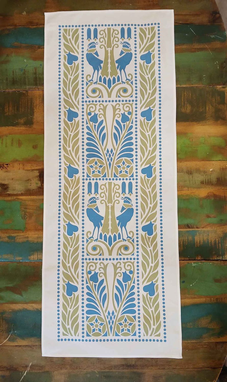 Tischläufer, Raben, Blau-Grün, 40cm breit, verschiedene Längen, Vögel, Vogelmotiv, Jugendstil, Landhausstil, Baumwollstoff