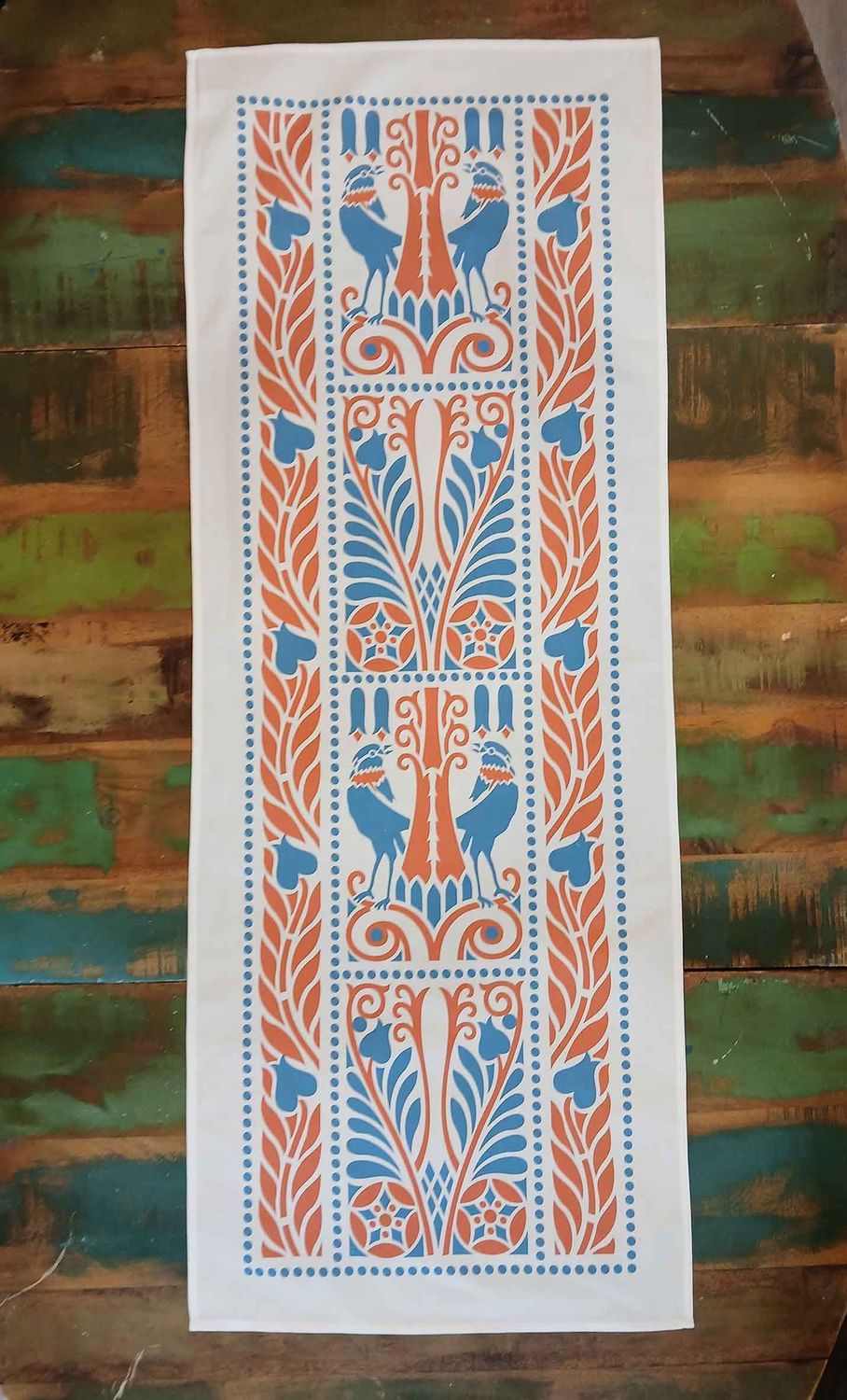 Tischläufer, Raben, Blau-Rot, 40cm breit, verschiedene Längen, Vögel, Vogelmotiv, Landhausstil, Jugendstil, Baumwollstoff