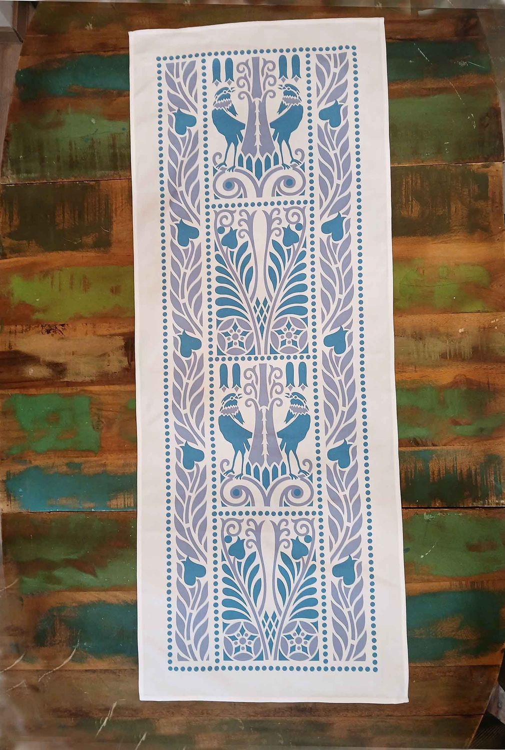 Tischläufer, Raben, Blau-Lavendel, 40cm breit, verschiedene Längen, Baumwollstoff, Jugendstil, Landhausstil, Vögel, Vogelmotiv