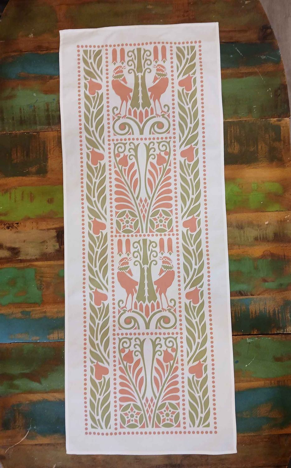 Table runner, ravens, green and pink, 40 cm wide, various lengths, birds, bird design, country house style, Art Nouveau, cotton fabric