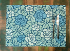 Platzset / Tischset,  Rosenmuster, 50x35cm, zum Wenden, Baumwollstoff. blau/türkis