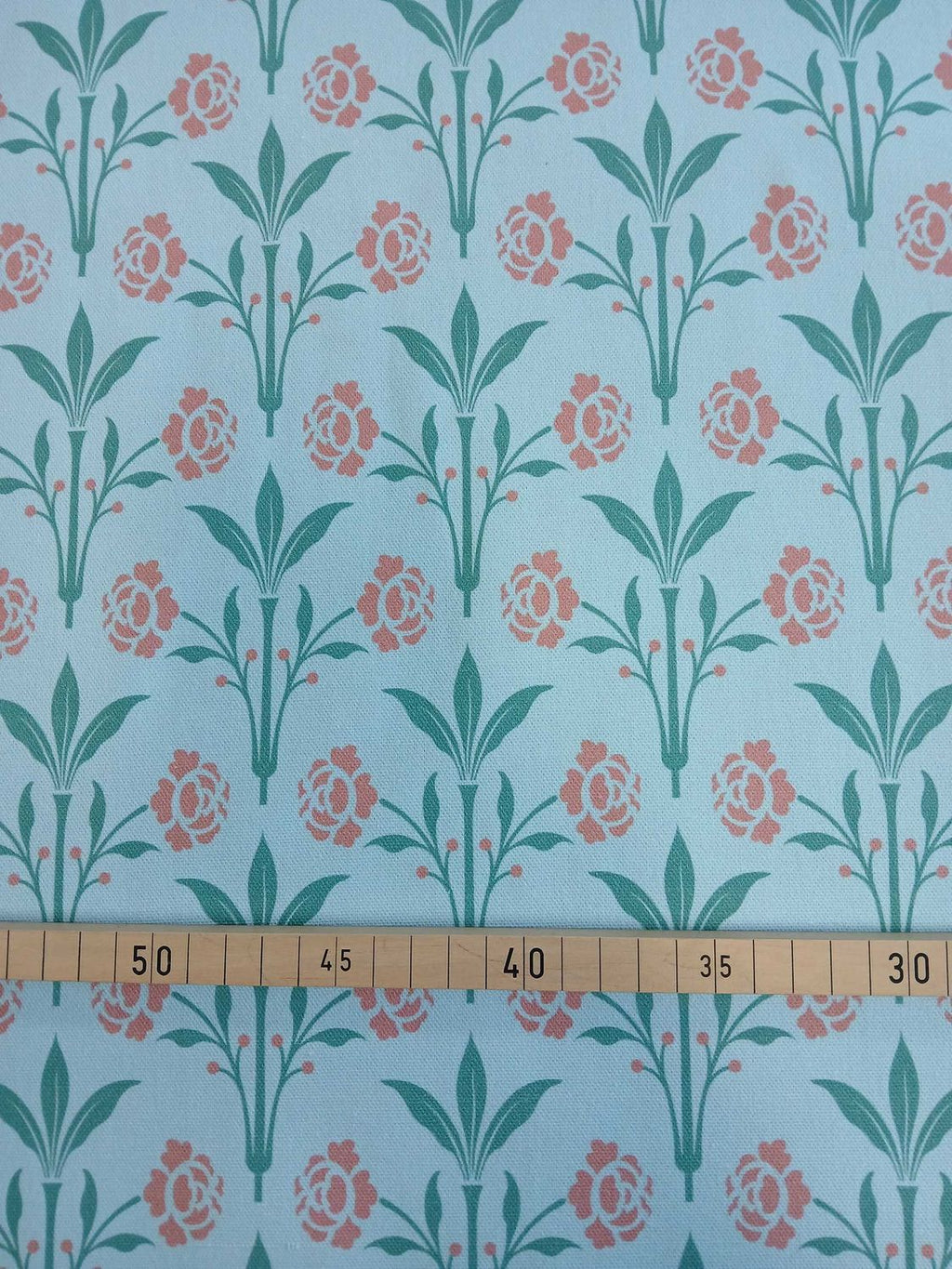 Halbpanama, Meterware, Baumwollstoff, Motiv "Erker", Farbstellung "Gartenteich" (hellblau), Gründerzeitliches/viktorianisches Muster, Trachten, Dirndl, Kissen, Taschen, Tischdecke