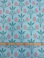 Half Panama, by the metre, cotton fabric, "Bay Window" motif, "Garden Pond" colourway (light blue), Wilhelminian/Victorian pattern, traditional costumes, dirndls, cushions, bags, tablecloth