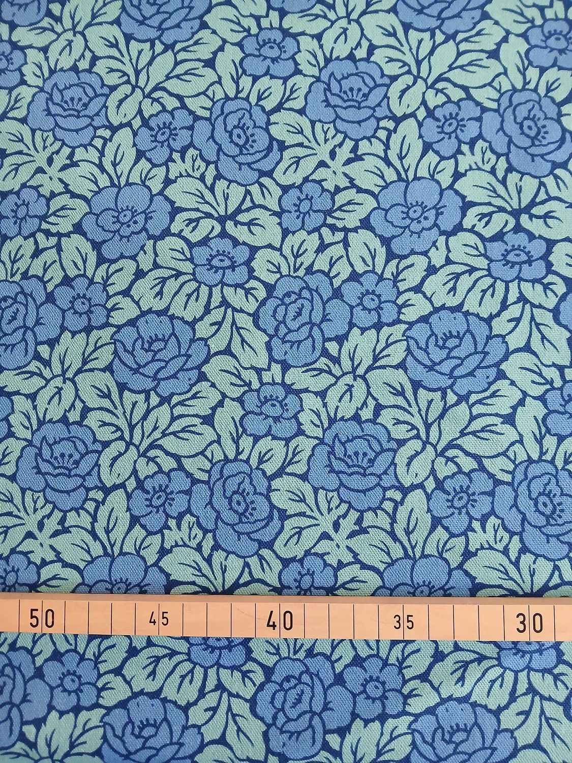 Halbpanama, Meterware, Baumwollstoff, Rosenmuster, Jugendstil, zwei Mustergrößen, blau/aqua/wasserblau
