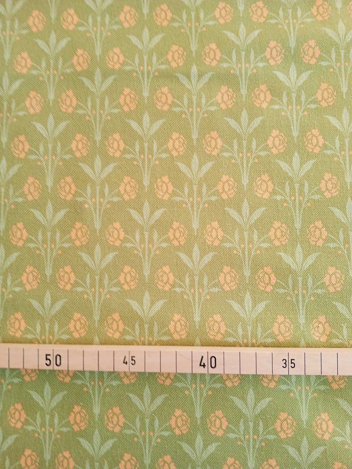 Halbpanama, Meterware, Baumwollstoff, Motiv "Erker", grün mit hellgrün/gelb, Gründerzeitliches/viktorianisches Muster, Trachten, Dirndl, Tischdecke, Kissen, Taschen