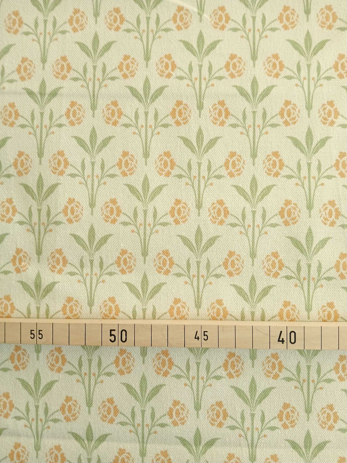 Halbpanama, Meterware, Baumwollstoff, Motiv "Erker", vanillegelb mit hellgrün/gelb, Gründerzeitliches/viktorianisches Muster, Trachten, Dirndl, Kissen, Tischdecke, Taschen