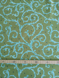 Half Panama fabric by the metre, “Thorn Hedge” design, green with turquoise vines and small navy dots, cotton fabric, aqua, navy, green, cushions, bags, tablecloths, traditional costumes