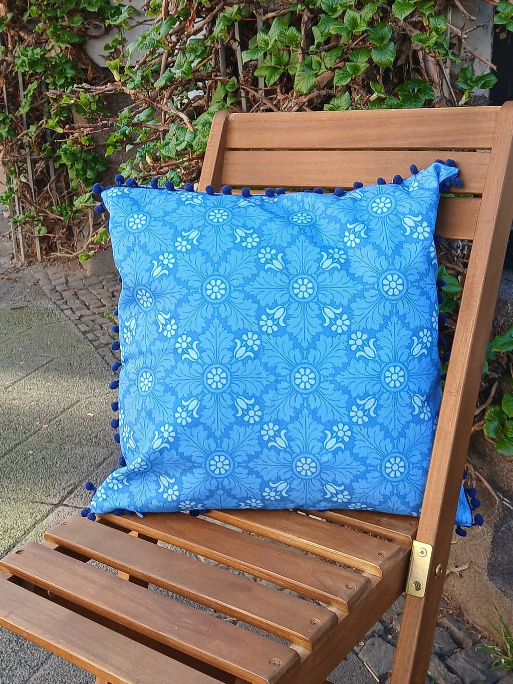 Cushion cover, 50 x 50cm, design "Ice Crystal 3", with dark blue pom-poms, concealed zipper, cotton fabric