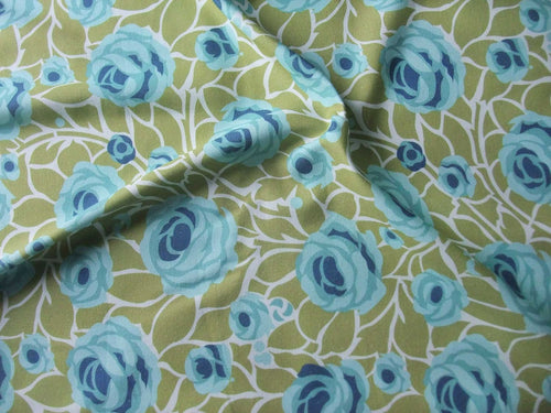 Half Panama, by the metre, cotton fabric, white-green-blue tones, roses, country style, "Path to the Tower" pattern, aqua, for traditional costumes, Dirndl, bag projects, cushion covers