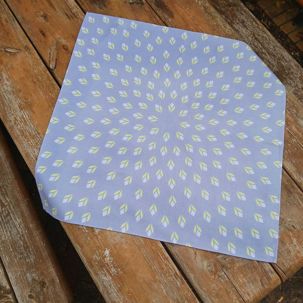 Square tablecloth, table topper, 75 x 75 cm, light blue, lavender, cotton fabric, crocus tulips, light green