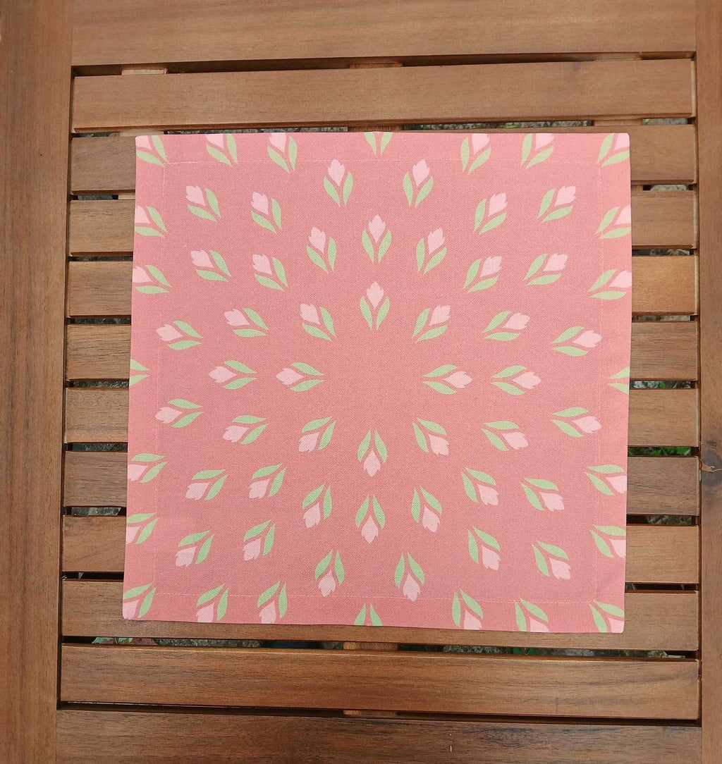 Cloth napkin, 40x40cm, 100% cotton, salmon-colored, crocuses, light green/pink, with 25mm mitered hem, table runner