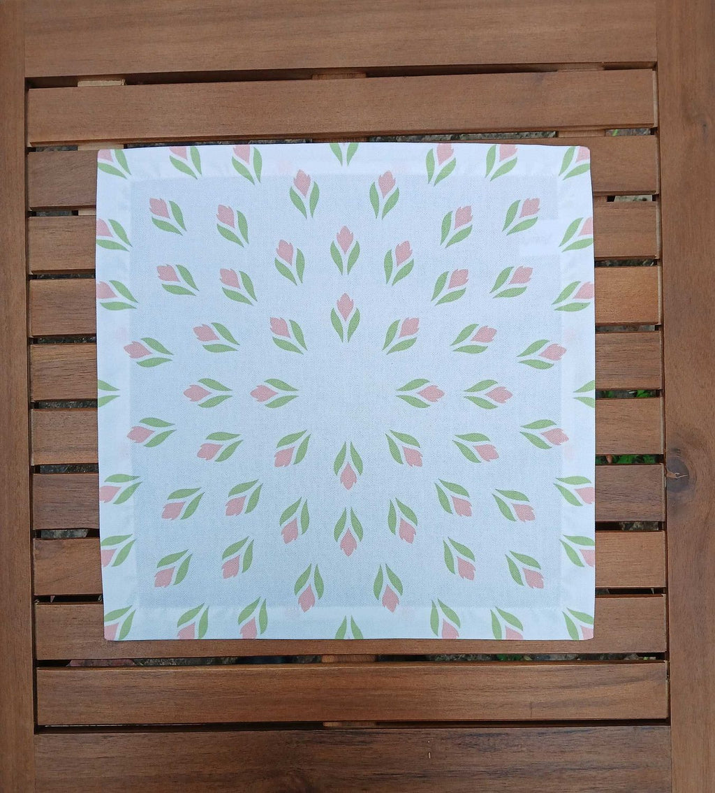Cloth napkin, 40x40cm, 100% cotton, white, crocuses, light green/pink, with 25mm envelope hem, placemat