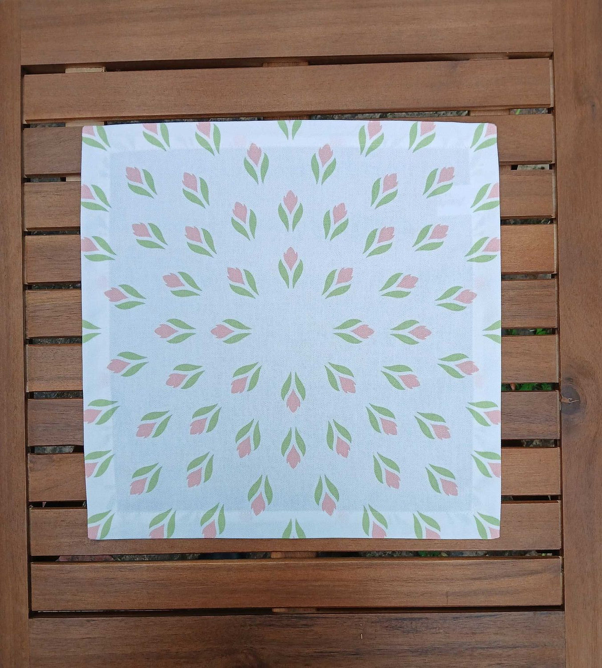 Cloth napkin, 40x40cm, 100% cotton, white, crocuses, light green/pink, with 25mm envelope hem, placemat