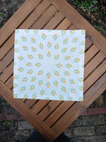 Cloth napkin, 40x40cm, 100% cotton, white, crocuses, light green/yellow, with 25mm envelope hem, placemat