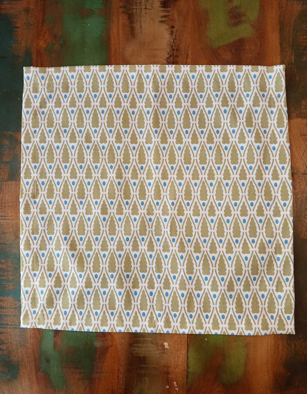Cloth napkin, 40x40cm, 100% cotton, white with green little trees and blue dots, small table runner, Christmas