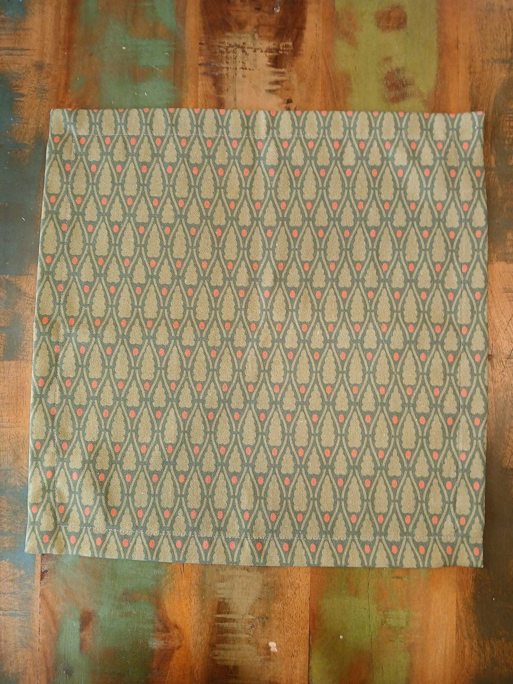 Cloth napkin, 40 x 40 cm, 100% cotton, dark green with little green trees and light red dots, small table mat, Christmas