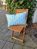 Kissenhülle, 60 x 40cm, Motiv "Erker", Farbstellung "Gartenteich" (Hellblau) mit blaugrün und altrosa, Baumwolle, Gründerzeit, Reißverschluß, Landhausstil