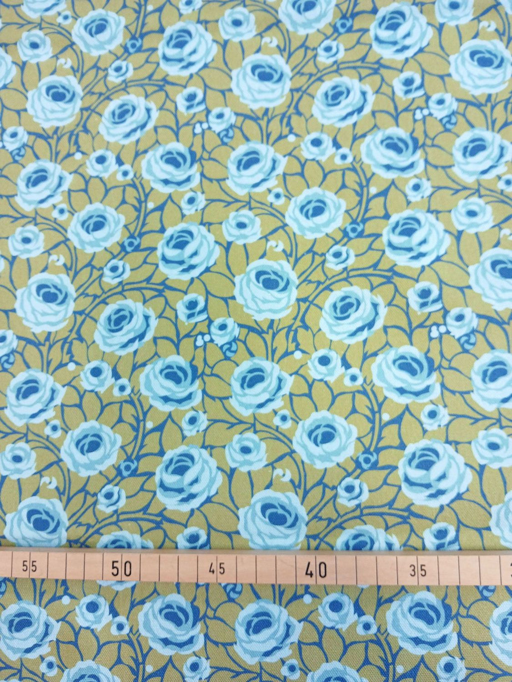 Half Panama, by the metre, cotton fabric, navy green and blue tones, roses, country style, "Path to the Tower" pattern, small pattern size, for traditional costumes, dirndls, cushions, bag projects