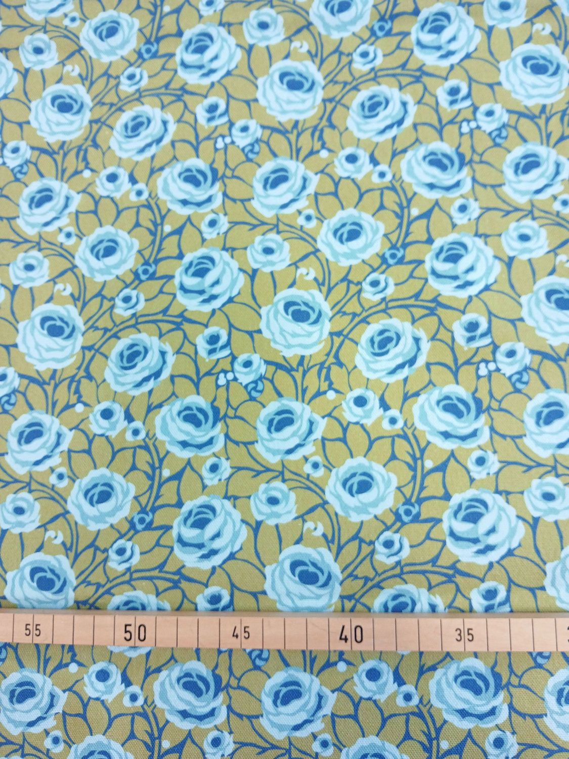 Halbpanama, Meterware, Baumwollstoff, Navy-grün-Blautöne, Rosen, Landhausstil, Muster "Weg zum Turm", kleine Mustergröße, für Trachten, Dirndl, Kissen, Taschenprojekte