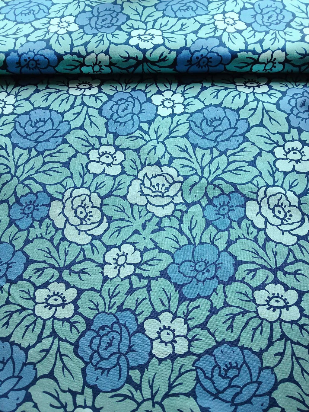 Half-panama fabric by the metre, cotton fabric, rose pattern, Art Nouveau, navy/blue/aqua/water blue, two-tone flowers, cushions, tablecloths, bags, trousers