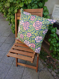 Cushion cover with rose pattern, green-pink, cotton, with zipper, 50x50cm
