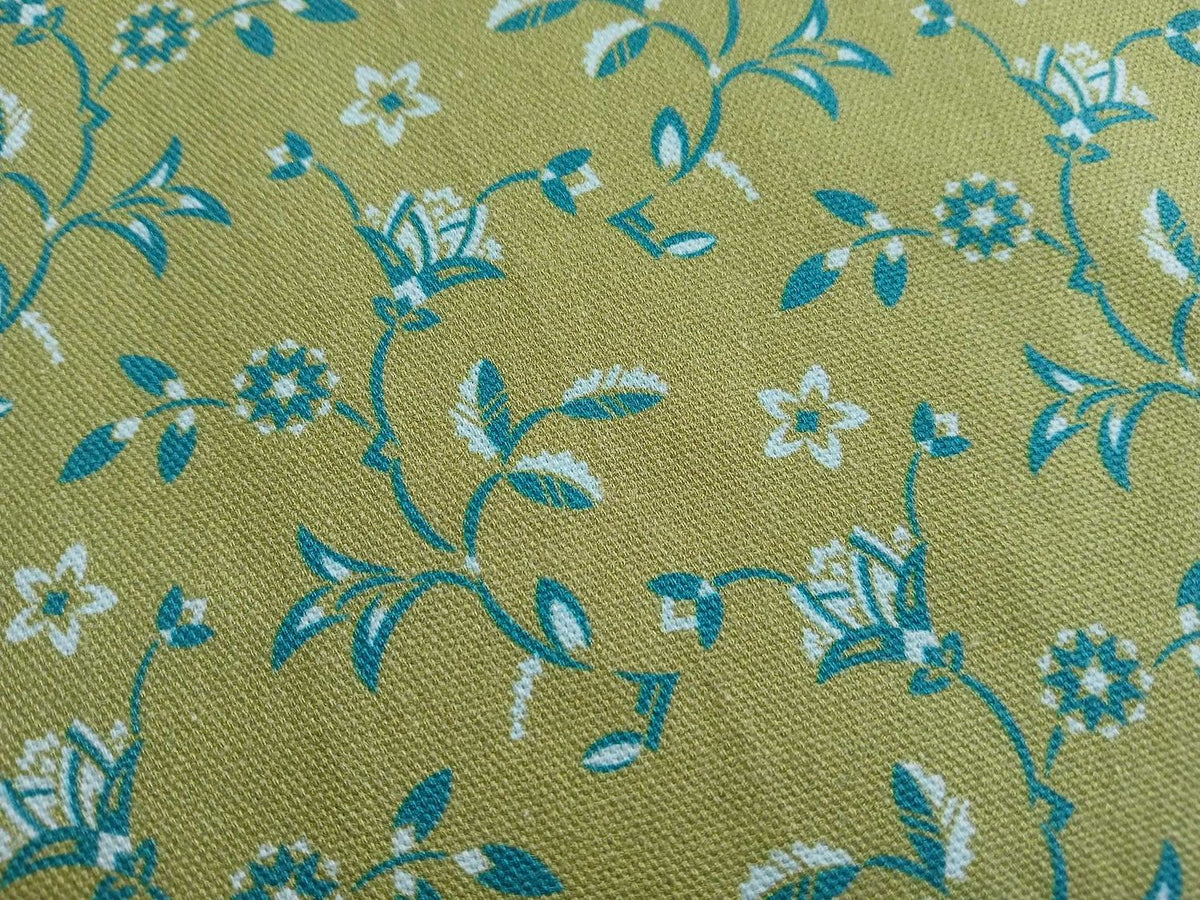 Halbpanama, Meterware, Baumwollstoff, Pistaziengrün mit Türkis und Helltürkis, Tanzende Disteln, Art deco