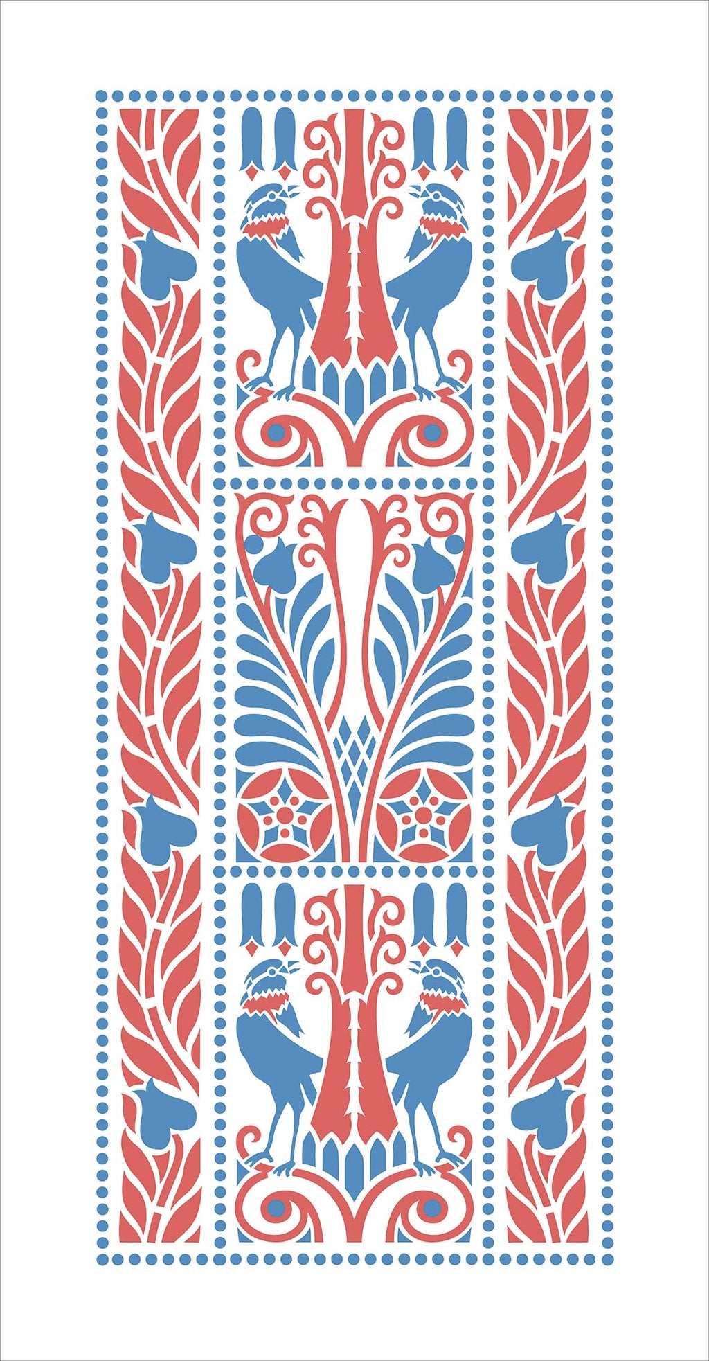 Table runner, ravens, blue-red, 40cm wide, various lengths, birds, bird motif, country style, Art Nouveau, cotton fabric
