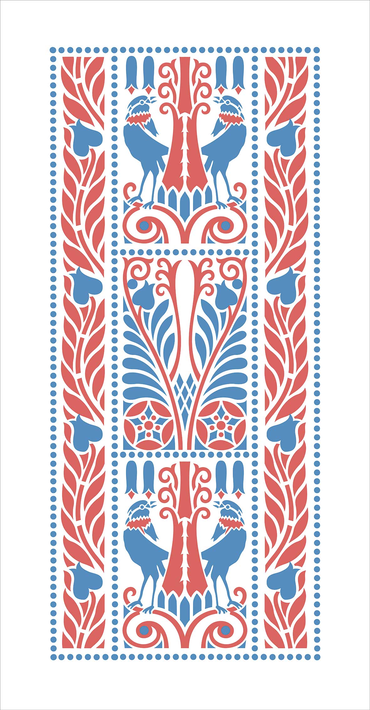 Tischläufer, Raben, Blau-Rot, 40cm breit, verschiedene Längen, Vögel, Vogelmotiv, Landhausstil, Jugendstil, Baumwollstoff