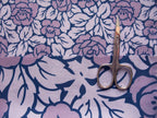 Poplin, fabric by the metre, cotton fabric, organic, GOTS, purple, lilac, rose pattern, two-tone blossoms, navy base colour, blouse fabric, shirt fabric, woven fabric, lining fabric, patchwork fabric, traditional costumes, dirndl