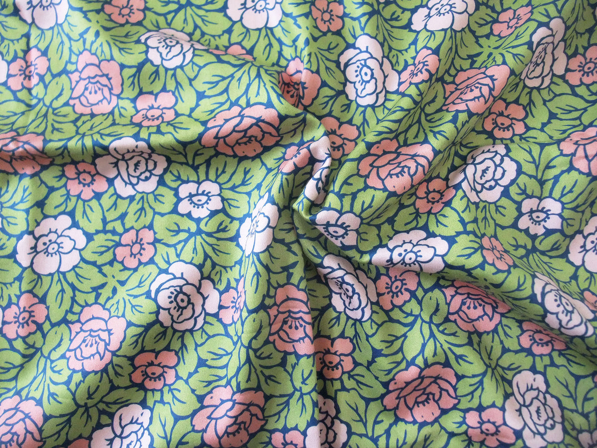 Popeline, Baumwollstoff, Meterware, Rosenmuster, navy-grün-lachs-hellrosa, GOTS, bio, Webware, Blusenstoff, Hemdenstoff, Trachten, Patchwork, Dirndl