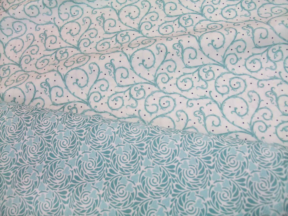 Popeline, Meterware, Baumwollstoff, Motiv Rabenwiese, wasserblau-hellblau, bio, GOTS Grundton weiß, Spiralmuster mit herzförmigen Blüten, Futterstoff, Webware, Blusenstoff, Hemdenstoff, Patchworkstoff