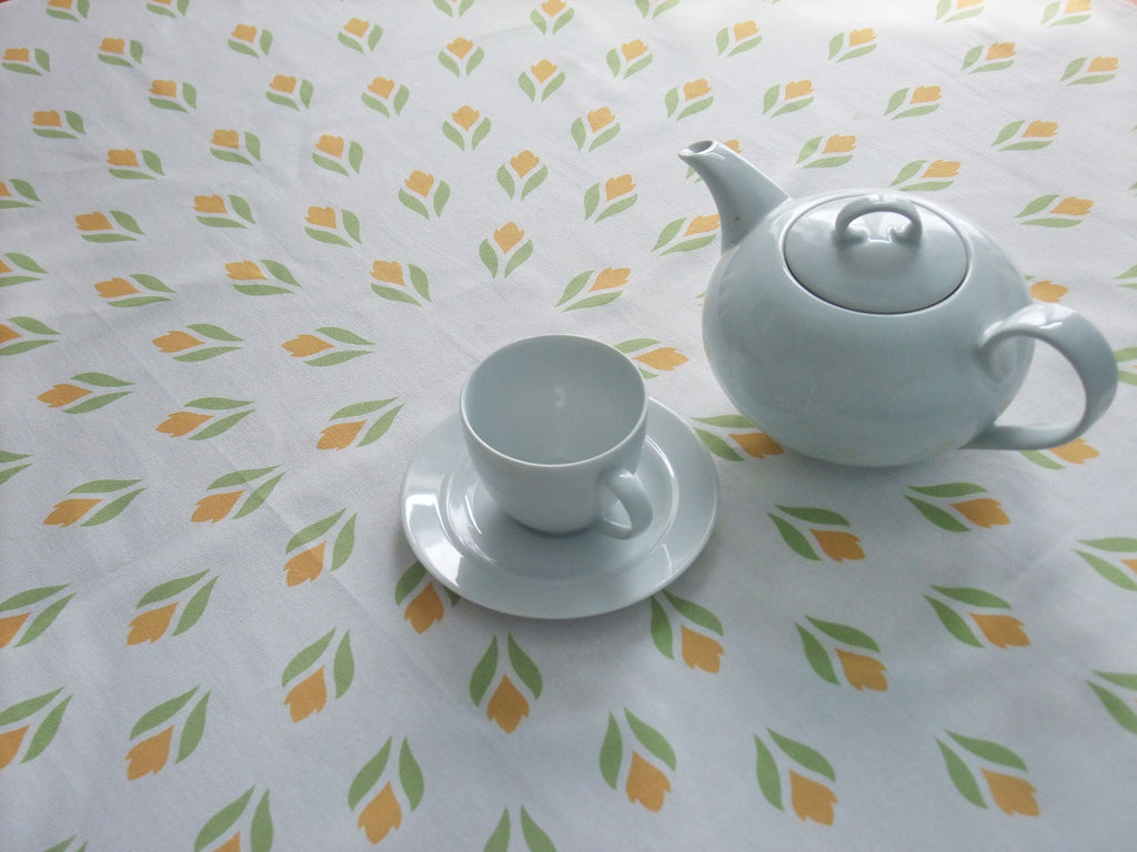 Square tablecloth, white/yellow, crocus design, Easter, spring, garden, 110 x 110 cm or 155 x 155 cm
