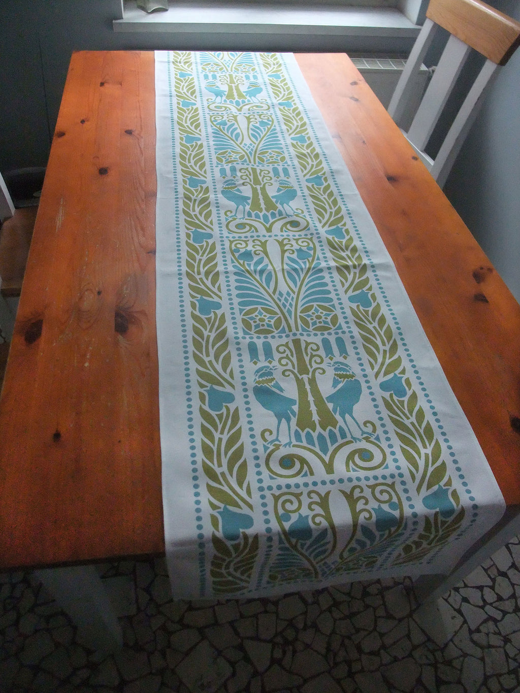 Tischläufer, Raben, Wasserblau-Grün, 40cm breit, verschiedene Längen