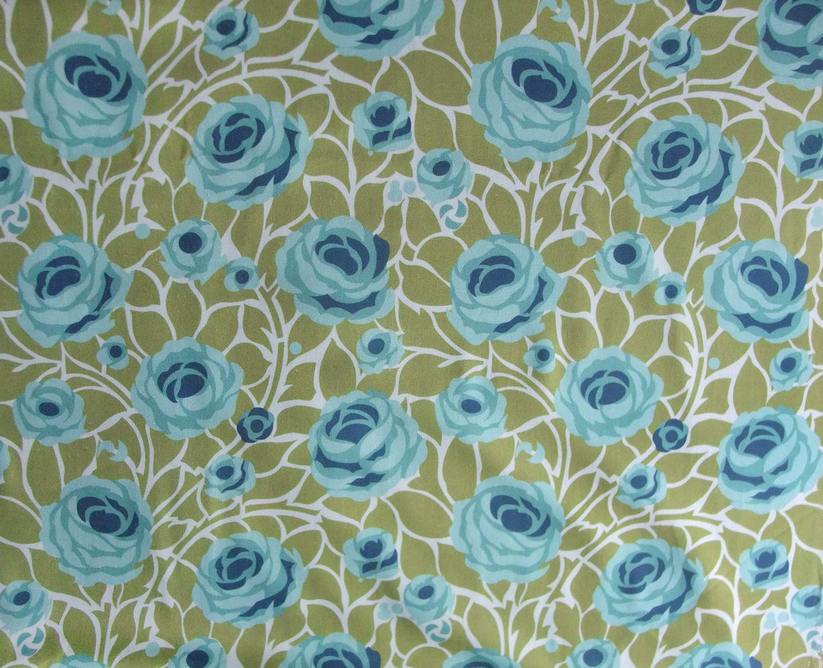 Halbpanama, Meterware, Baumwollstoff, weiß-grün-Blautöne, Rosen, Landhausstil, Muster "Weg zum Turm", Aqua, für Trachtenmode, Dirndl, Taschenprojekte, Kissenhüllen