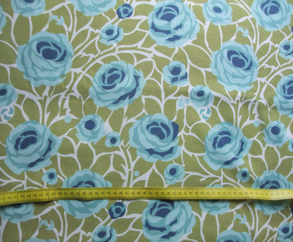 Halbpanama, Meterware, Baumwollstoff, weiß-grün-Blautöne, Rosen, Landhausstil, Muster "Weg zum Turm", Aqua, für Trachtenmode, Dirndl, Taschenprojekte, Kissenhüllen