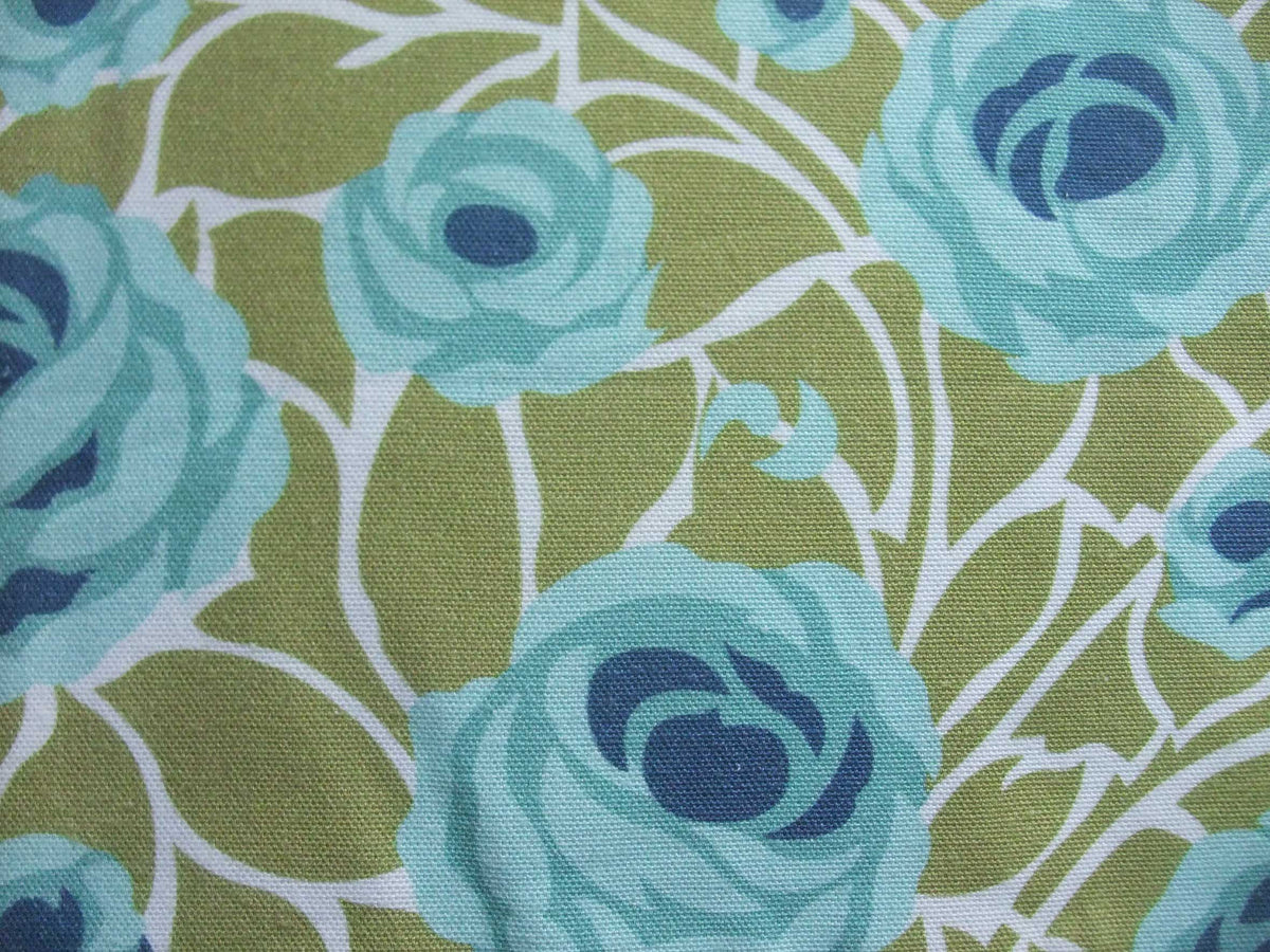 Halbpanama, Meterware, Baumwollstoff, weiß-grün-Blautöne, Rosen, Landhausstil, Muster "Weg zum Turm", Aqua, für Trachtenmode, Dirndl, Taschenprojekte, Kissenhüllen