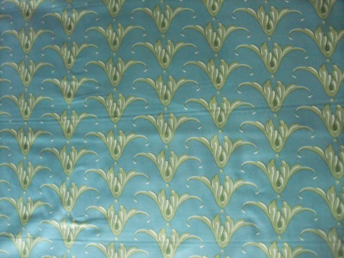 Mako-Satin, Meterware, Baumwolle,  türkis mit grünem Tulpenmotiv, Coordinate zum Motiv Feldblume, Tulpe, grün, Baumwollsatin glänzend, für Bettwäsche, elegante Kleider