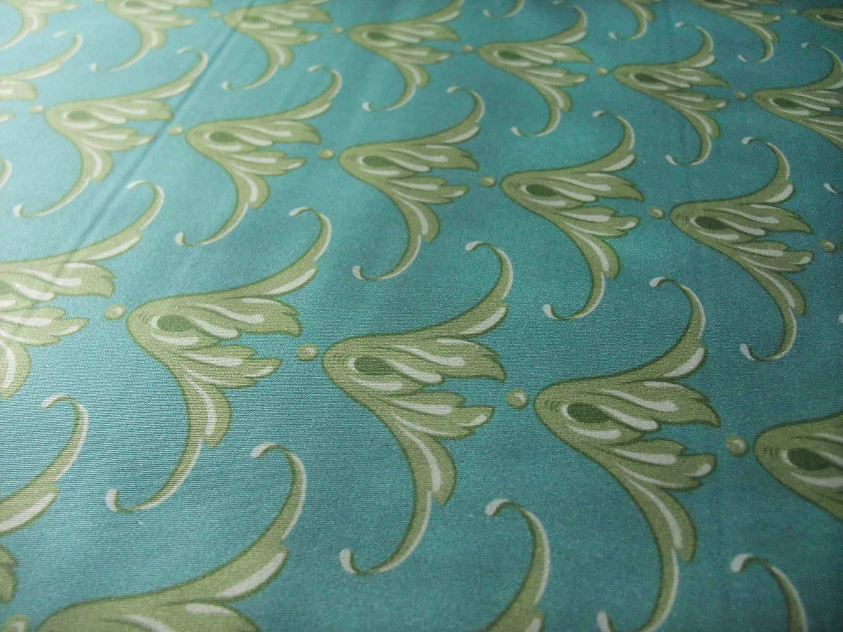 Mako-Satin, Meterware, Baumwolle,  türkis mit grünem Tulpenmotiv, Coordinate zum Motiv Feldblume, Tulpe, grün, Baumwollsatin glänzend, für Bettwäsche, elegante Kleider