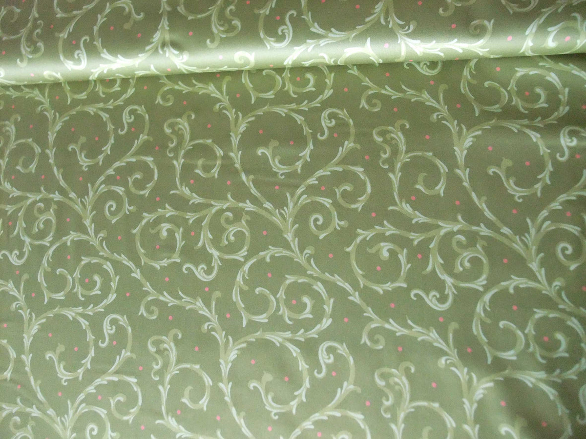 Mako-Satin, Meterware, Baumwolle,  grün mit hellgrünen Ranken und roten Pünktchen, Blusen, Hemden, Bettwäschestoff, glänzend, Muster, Kleider